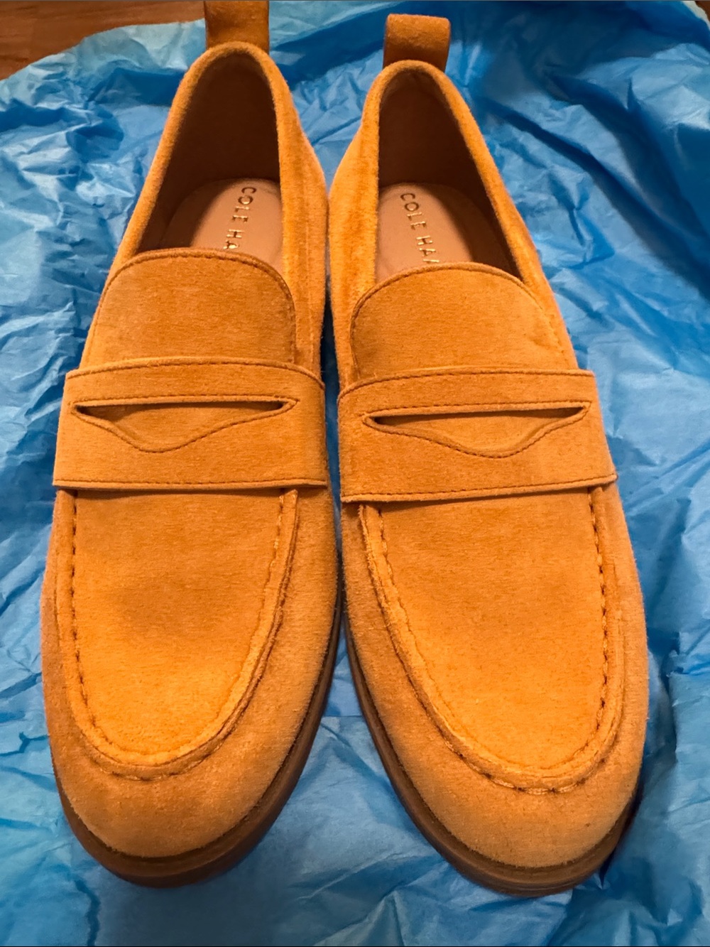 Cole Haan Women's Suede Penny Loafers in camel suede